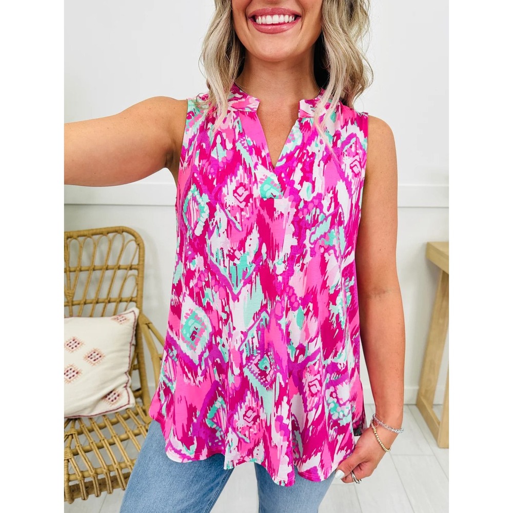 Size Small Pink Print Sleeveless Split V-Neck Blouse Abstract Boho Top Womens